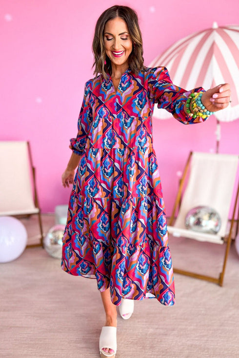 Multi-Color Abstract Geometric Print Long Sleeve High Waist Dress